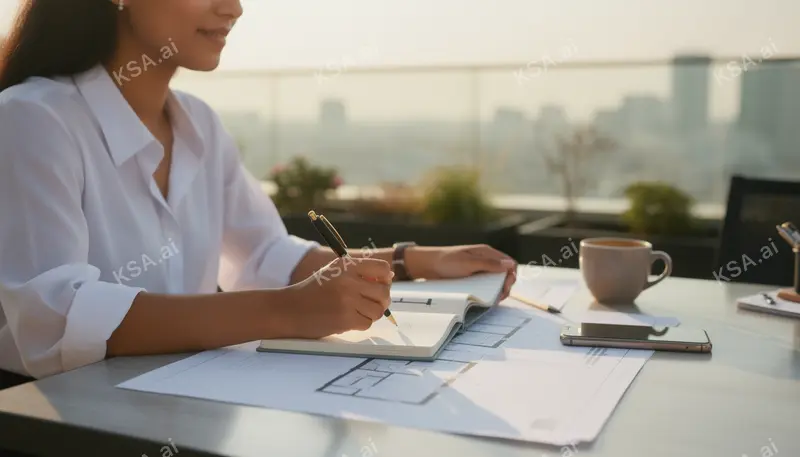 young Saudi woman entrepreneur reviewing plans at a desk