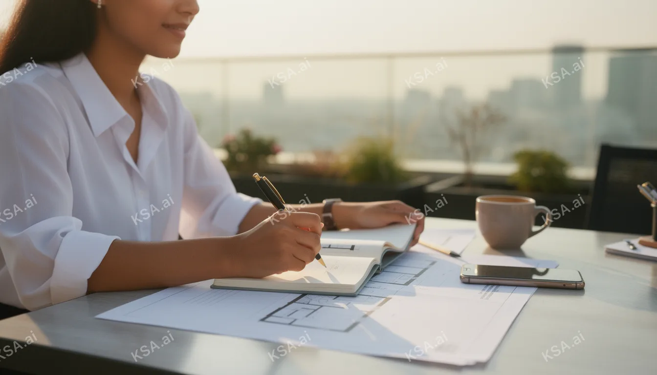 young Saudi woman entrepreneur reviewing plans at a desk