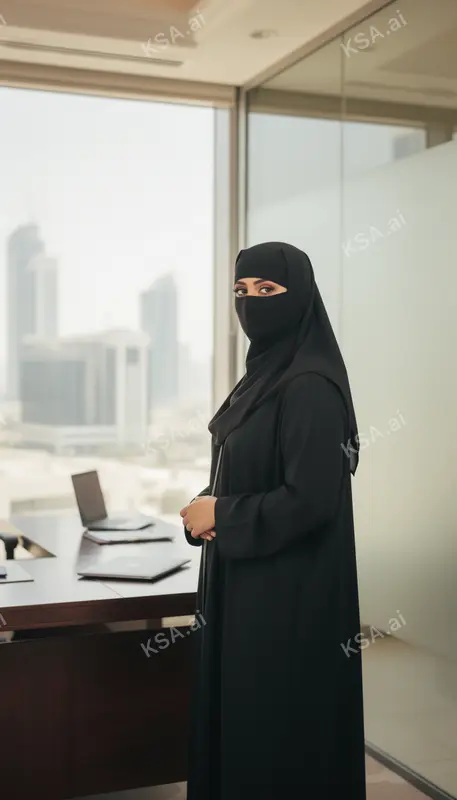 Saudi business professional in a white thobe presenting to…