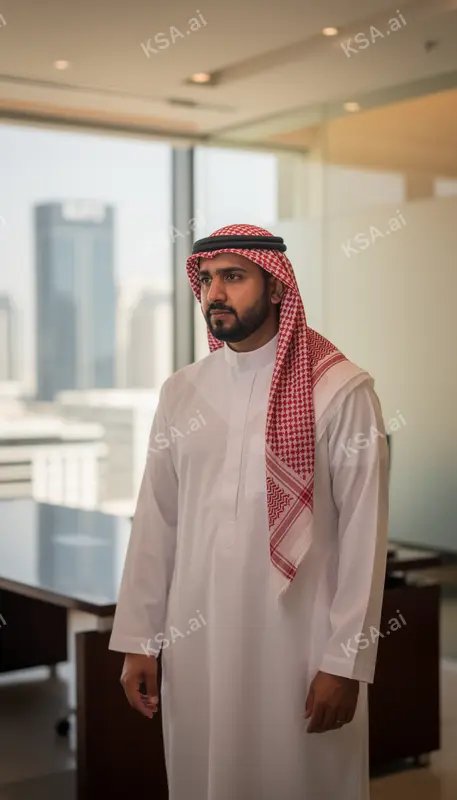Saudi business professional in a white thobe presenting to…