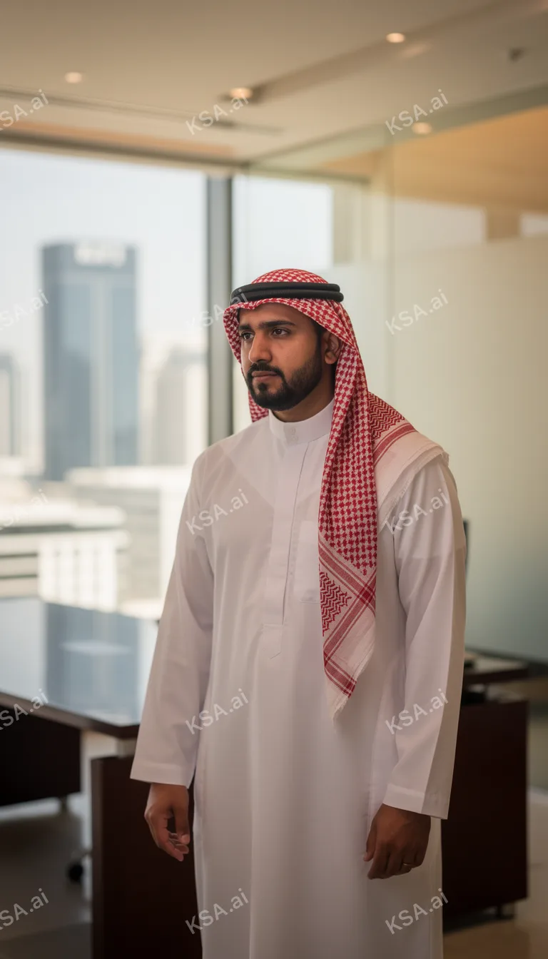 Saudi business professional in a white thobe presenting to…