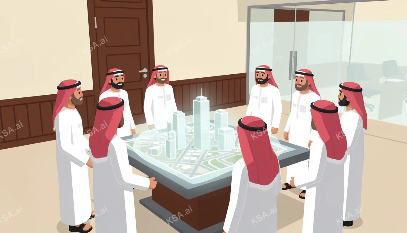 Saudi business professional in a white thobe presenting to…