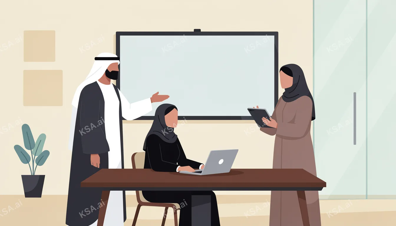 Saudi business professional in a white thobe presenting to…