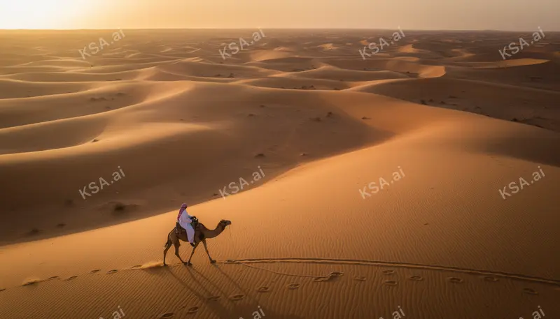 Arabian camel with a single rider in traditional white…