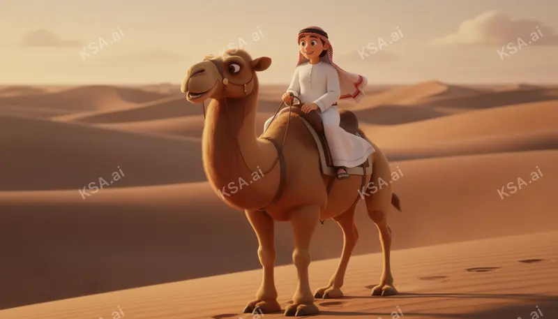 Arabian camel with a single rider in traditional white…
