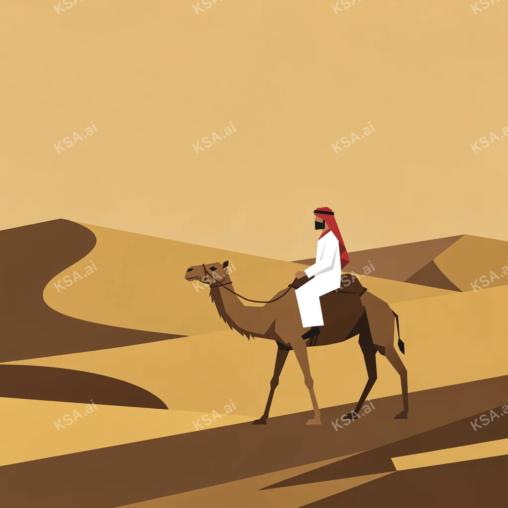 Arabian camel with a single rider in traditional white…