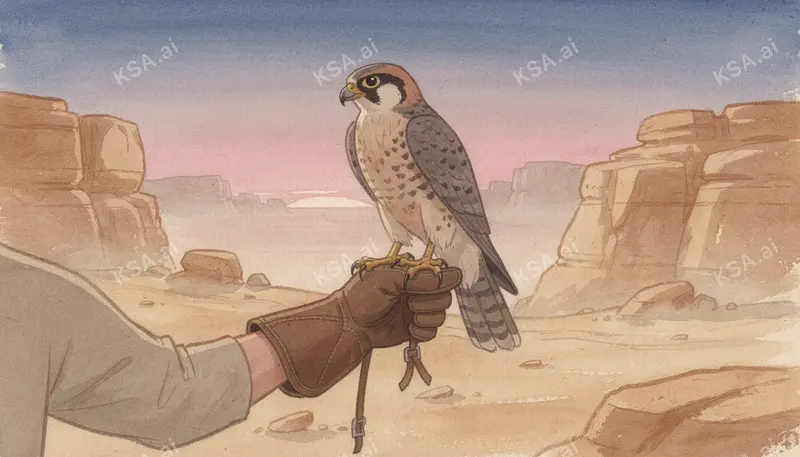 hooded saker falcon perched on a falconer's leather glove…